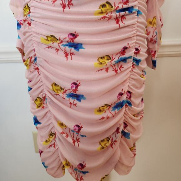 Ganni Dress Size 38 US 6 Womens Floral Pink Mesh Ruched Mini Bodycon Feminine - Picture 5 of 12